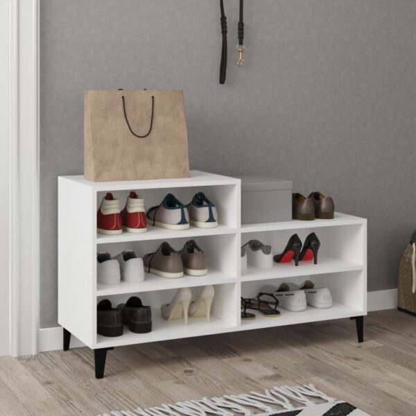 White Engineered Wood Shoe Storage Cabinet with Metal Feet and 5 Shelves