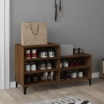 Chic Brown Oak Shoe Storage Cabinet Engineered Wood Metal Feet 5 Shelves Organizer