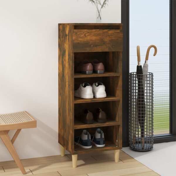 Chic Smoked Oak Shoe Cabinet with Drawer and Shelves - Engineered Wood