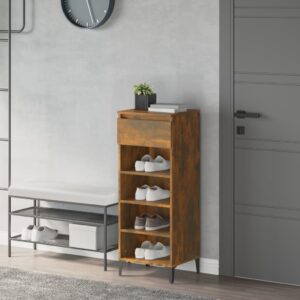 Elegant Smoked Oak Shoe Rack with Drawer and Shelves - Engineered Wood