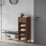 Elegant Brown Oak Shoe Rack Engineered Wood with Metal Feet and Storage Drawer