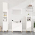 White Engineered Wood Bathroom Cabinet Tall Storage Organizer with Shelves