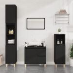 Chic Black Engineered Wood Bathroom Cabinet Tall Storage Organizer with Doors