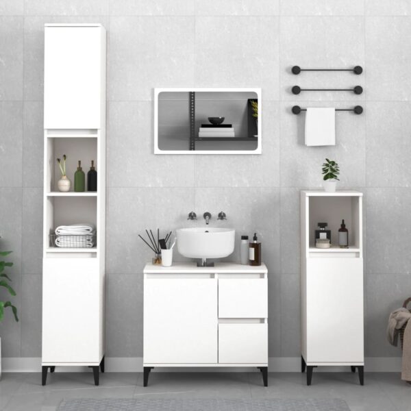 White Engineered Wood Tall Bathroom Cabinet with Shelves and Metal Feet