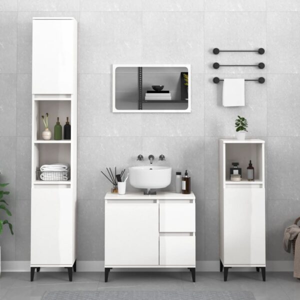 High Gloss White Bathroom Cabinet Tall Storage Organizer Engineered Wood Shelves