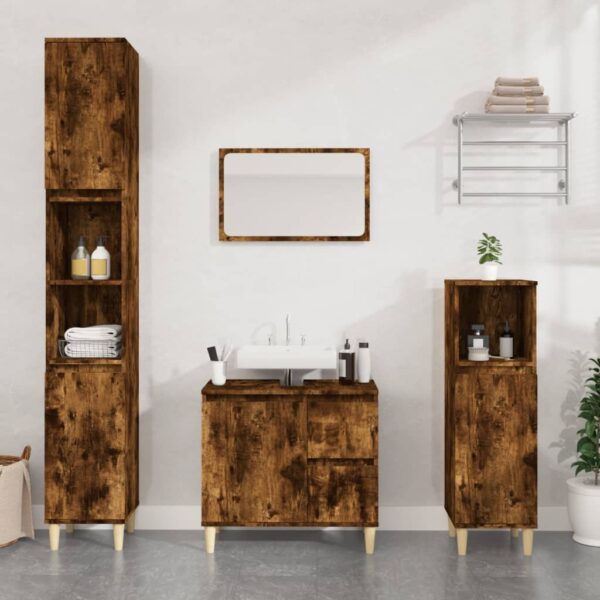 Chic Smoked Oak Bathroom Cabinet Engineered Wood Storage Organizer with Shelves