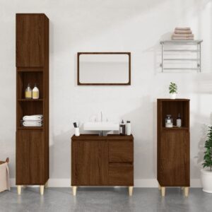 Chic Brown Oak Bathroom Cabinet Engineered Wood Storage Organizer with Drawers