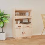 Rustic Solid Pine Wood Highboard Storage Cabinet with Shelves and Drawers