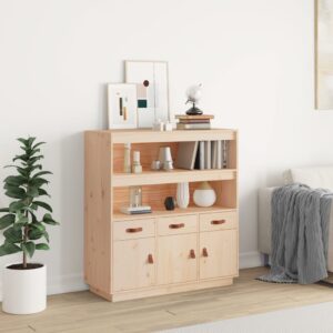 Rustic Solid Pine Wood Highboard Storage Cabinet with Shelves and Drawers