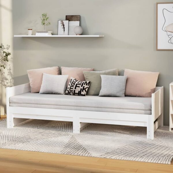 White Solid Pine Wood Pull-Out Sofa Day Bed Convertible Space-Saving Design