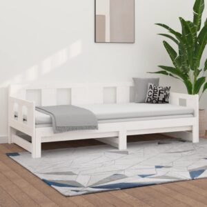 White Solid Pine Wood Day Bed Sofa with Pull-Out Trundle Space-Saving Design