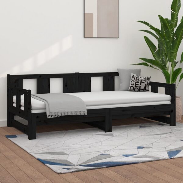 Solid Pine Wood Day Bed Sofa with Pull-Out Trundle Black Single Sleeper Couch