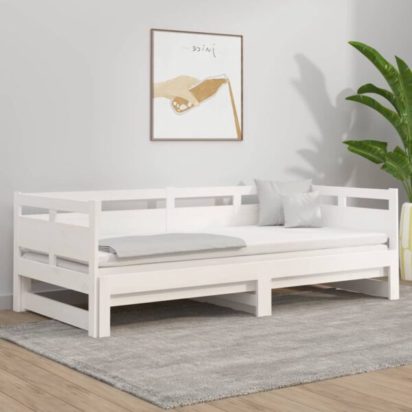 White Solid Wood Pine Convertible Sofa Bed with Pull-Out Trundle Space-Saving