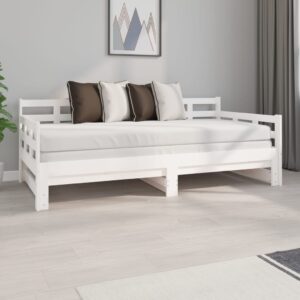 White Solid Wood Pine Day Bed Sofa with Pull-Out Trundle Space-Saving Design