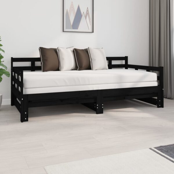 Solid Pine Wood Day Bed Sofa with Pull-Out Trundle Black Single Size Sleep Couch