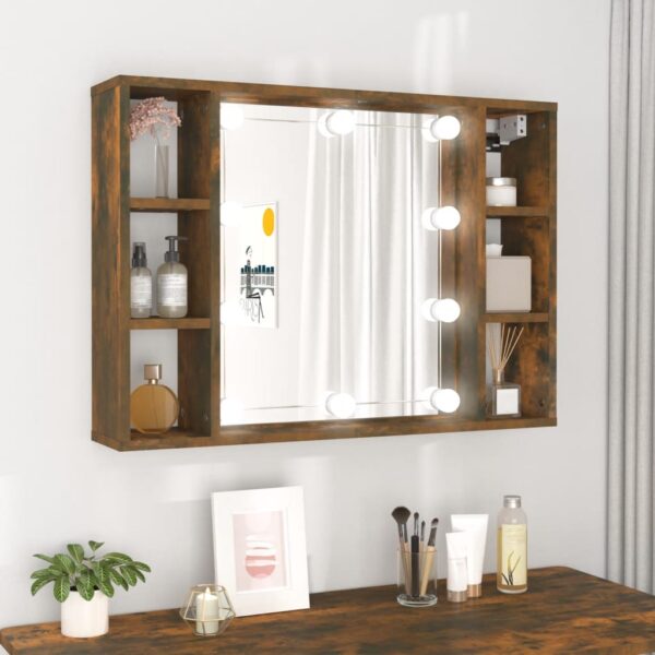 Chic Smoked Oak LED Lighted Mirror Cabinet Wall Mount Bathroom Storage Organizer