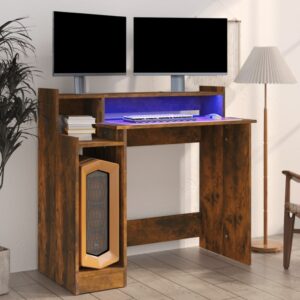 Contemporary Smoked Oak Desk with Ambient LED Lighting Engineered Wood Study Table