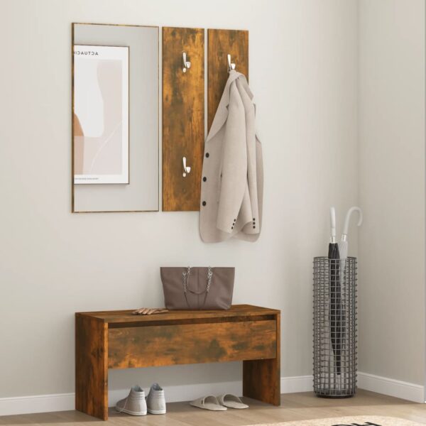 Engineered Wood Hallway Furniture Set with Bench  Mirror  Coat Rack - Smoked Oak