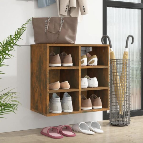 Stylish Smoked Oak Shoe Cabinet Organizer with Six Compartments Wall Mountable