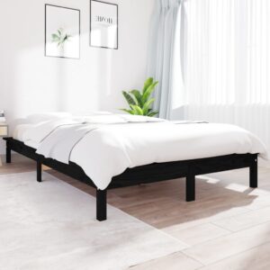 Bed Frame Black 153x203 cm Solid Wood Pine Queen Size