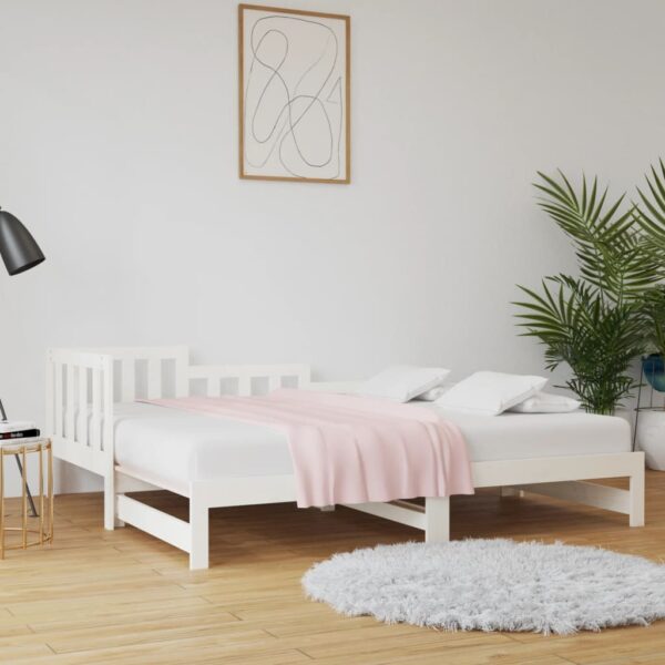 White Solid Pine Wood Day Bed Sofa with Pull-out Trundle Slatted Base