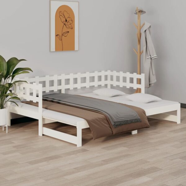 Pull-out Day Bed White 2x(92x187) cm Single Size Solid Wood Pine