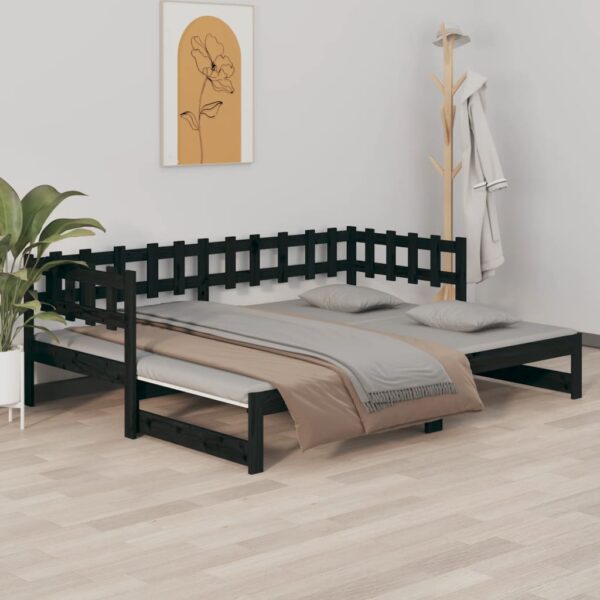 Pull-out Day Bed Black 2x(92x187) cm Single Size Solid Wood Pine