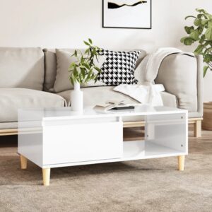 Scandinavian  High Gloss White Coffee Table with Storage and Wooden Legs