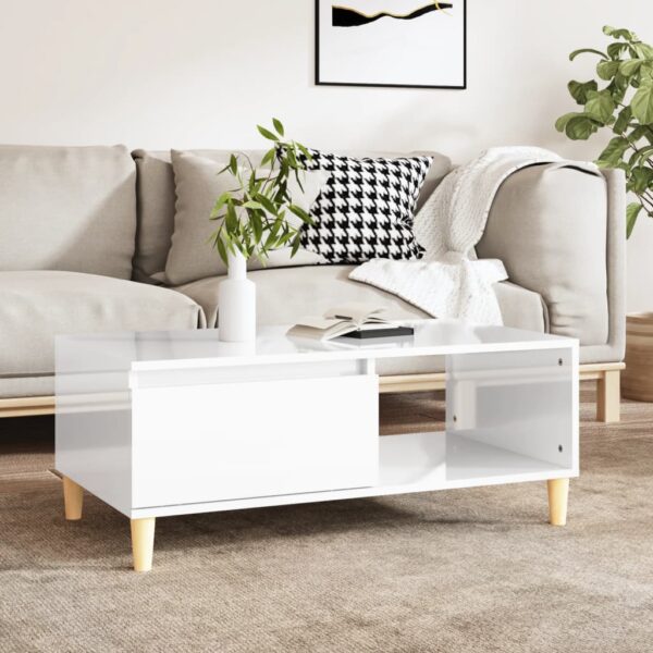 Scandinavian  High Gloss White Coffee Table with Storage and Wooden Legs