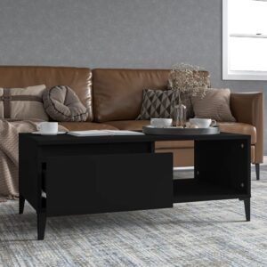 Chic Black Coffee Table with Storage Drawer Metal Feet Engineered Wood Modern