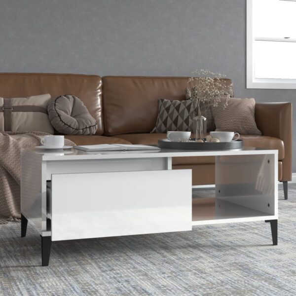 High Gloss White Coffee Table Modern Engineered Wood Metal Feet Storage Compartment