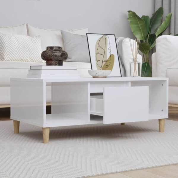 Chic High Gloss White Coffee Table Engineered Wood with Storage and Wooden Legs