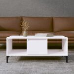 Chic White Coffee Table with Storage Drawer Metal Feet Engineered Wood Modern