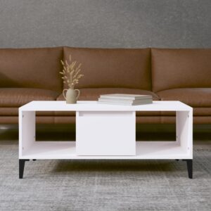 Chic White Coffee Table with Storage Drawer Metal Feet Engineered Wood Modern