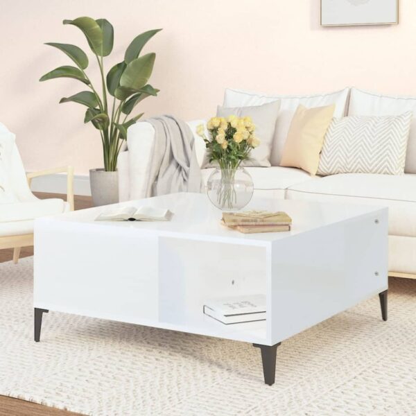 High Gloss White Coffee Table Modern Minimalist Engineered Wood Metal Legs