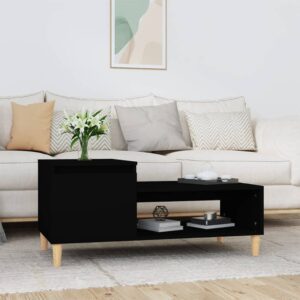 Chic Black Coffee Table Modern Engineered Wood with Storage Shelf and Compartment