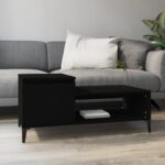 Chic Black Coffee Table Modern Engineered Wood with Storage Shelf and Compartment