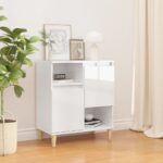 Elegant High Gloss White Sideboard Storage Cabinet with Solid Wood Feet