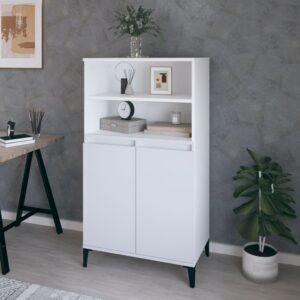 Chic White Highboard Storage Cabinet Engineered Wood Metal Feet Ample Space