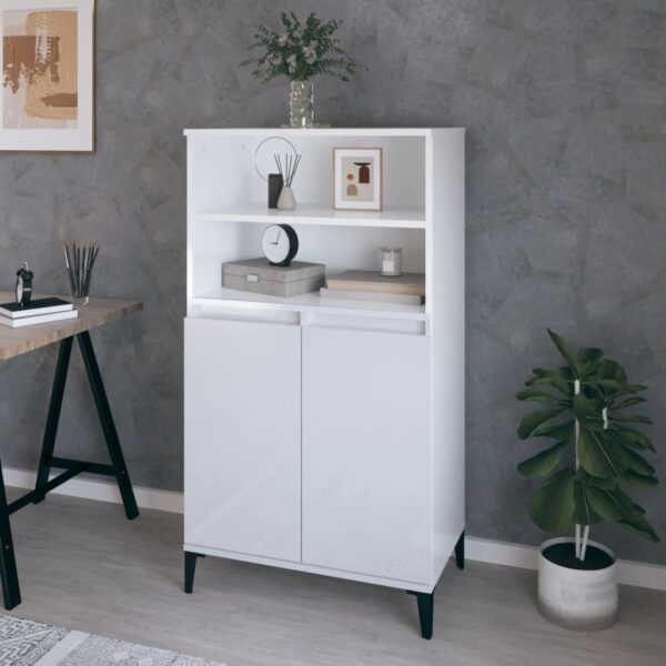 Chic High Gloss White Storage Highboard Elegant Engineered Wood Metal Feet