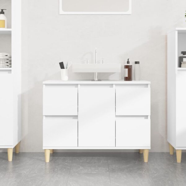 White Engineered Wood Bathroom Sink Cabinet with Storage and Wooden Feet