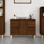 Engineered Wood Bathroom Sink Cabinet Brown Oak Finish with Storage Drawers