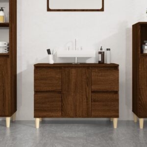 Engineered Wood Bathroom Sink Cabinet Brown Oak Finish with Storage Drawers