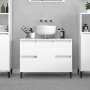 High Gloss White Bathroom Sink Cabinet Modern Engineered Wood Storage Organizer