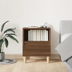 Elegant Brown Oak Bedside Cabinet with Drawer and Shelf - Solid Wood Legs