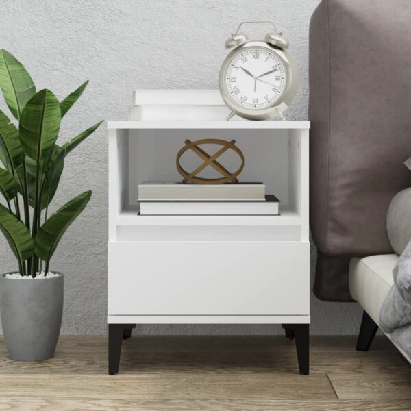 Elegant White Bedside Cabinet Smooth Engineered Wood Metal Feet Storage Drawer