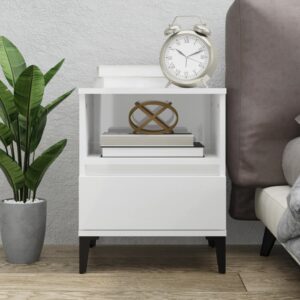 Elegant High Gloss White Bedside Cabinet with Drawer and Metal Feet