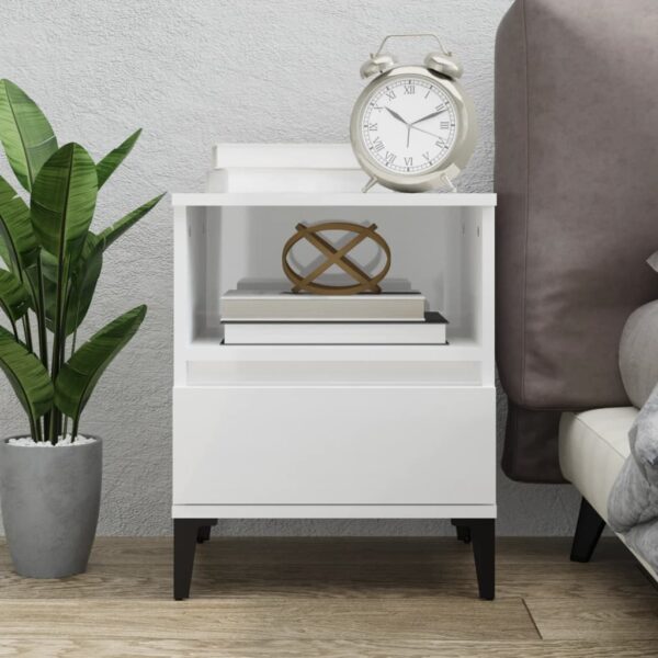 Elegant High Gloss White Bedside Cabinet with Drawer and Metal Feet