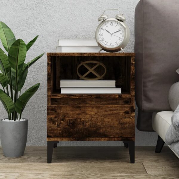 Elegant Smoked Oak Bedside Cabinet with Drawer and Metal Feet Storage Organizer