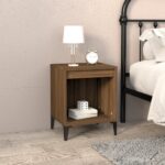 Elegant Brown Oak Bedside Cabinet Engineered Wood Metal Frame Storage Nightstand